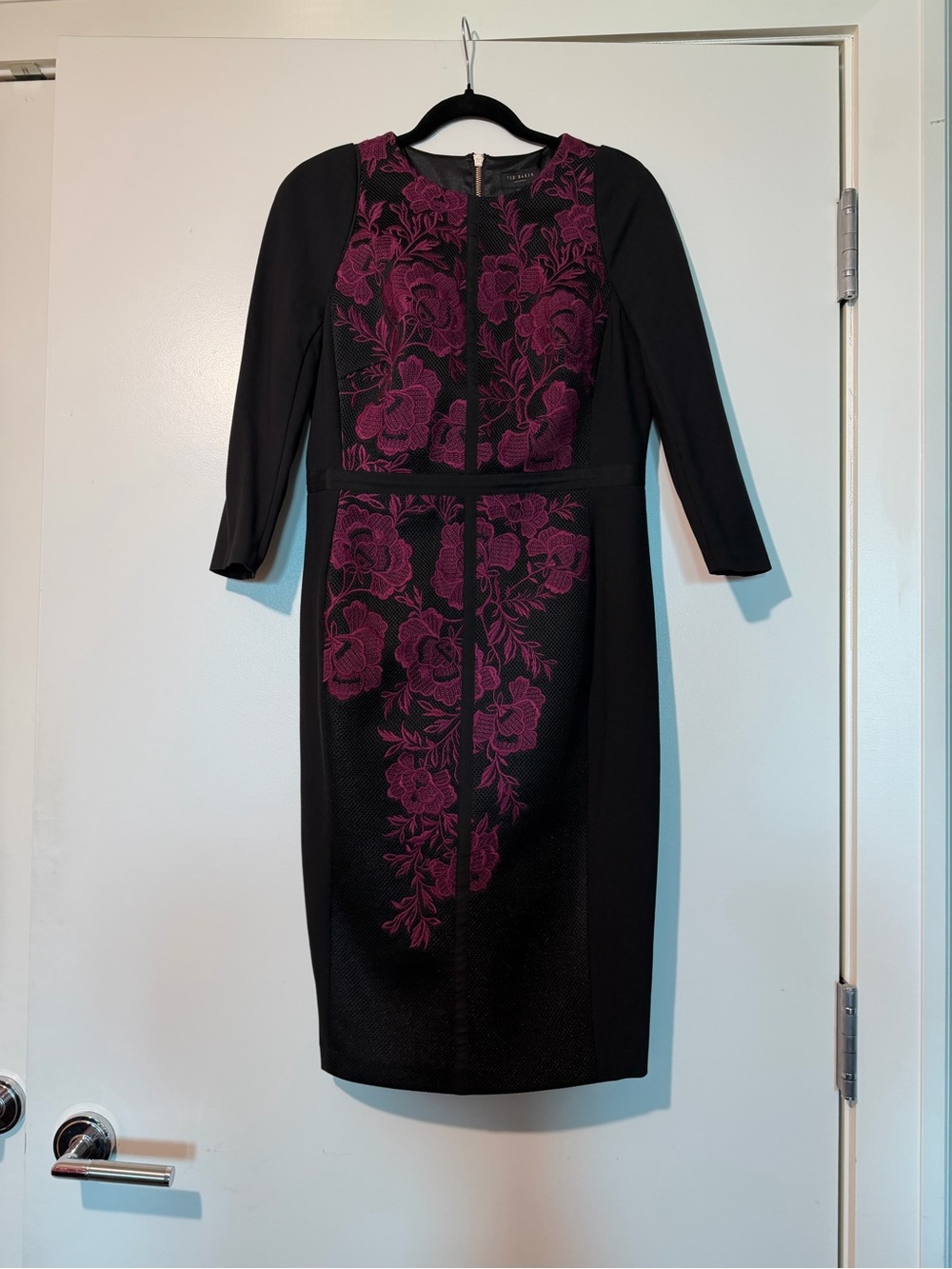 Ted Baker Elegant Black Dress with Magenta Floral Embroidery